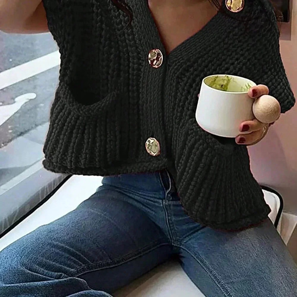 Black Casual Women's Loose Knit Vest With Double Pockets - Picture 5 of 5